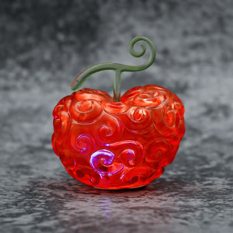 Close-up of Devil Fruit LED lamp glowing in the dark