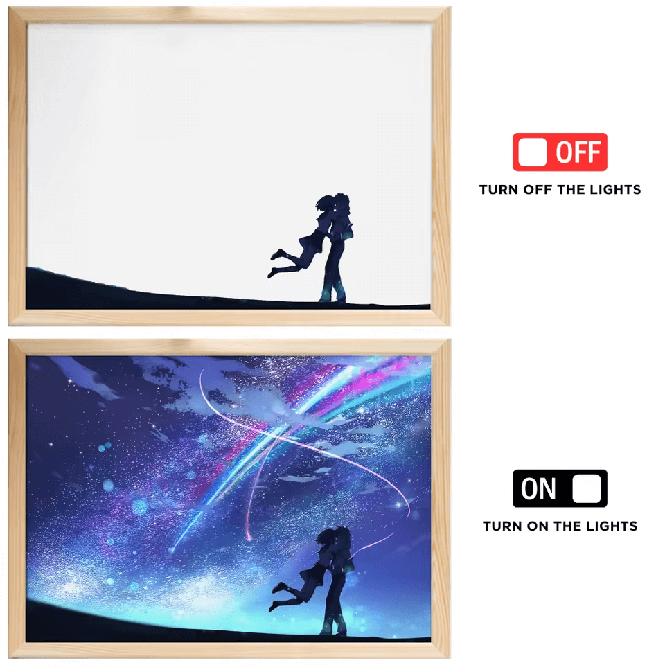 Side view of acrylic anime night light with a black base and USB power
