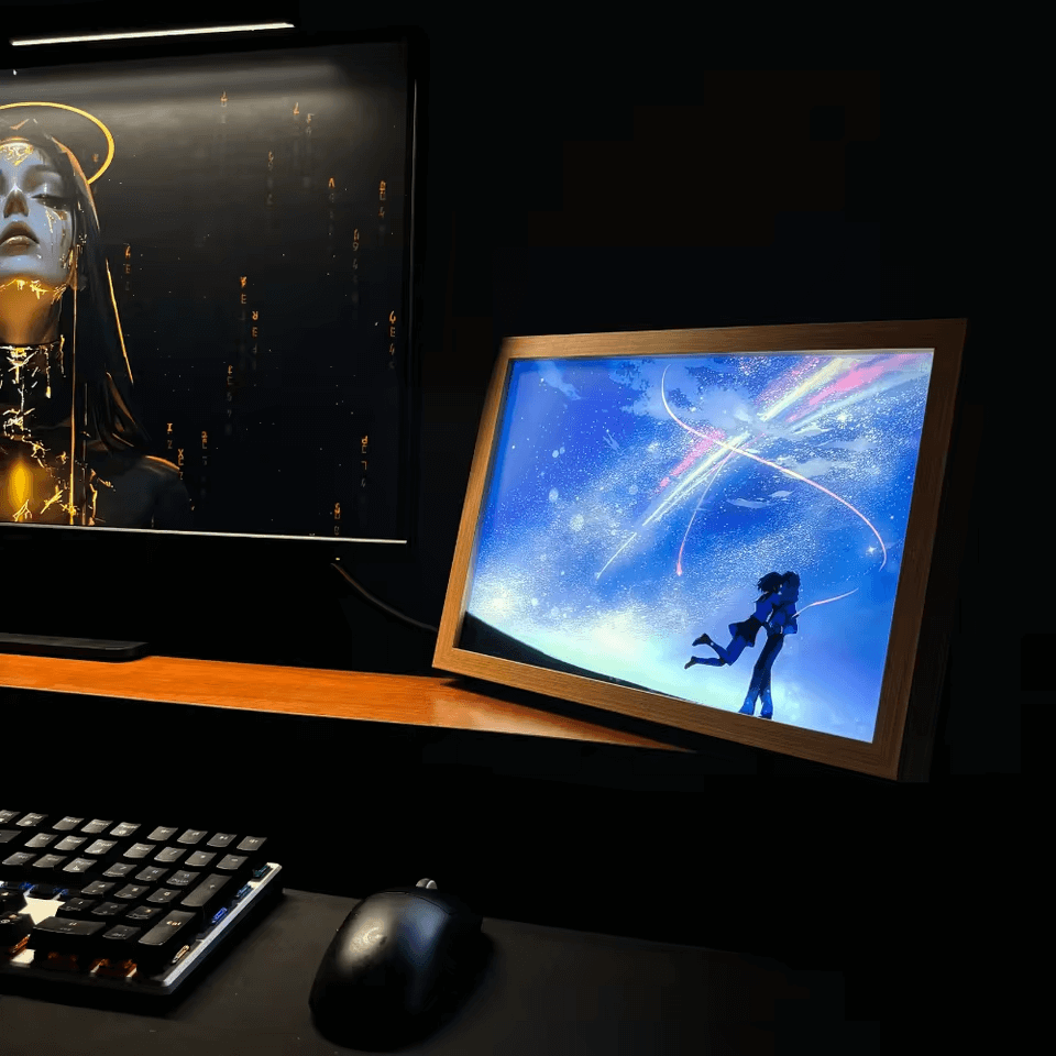 Romantic anime-themed LED lamp with a dreamy starry sky background