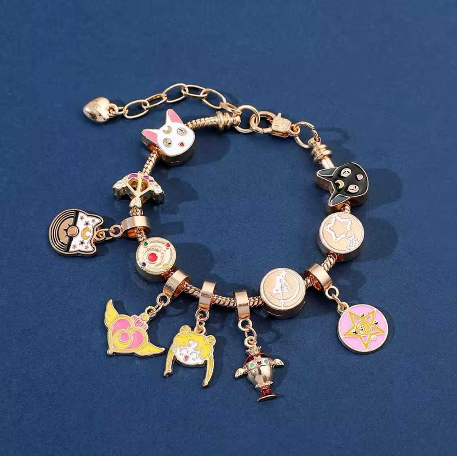 Close-up of Sailor Moon-inspired bracelet with delicate charms