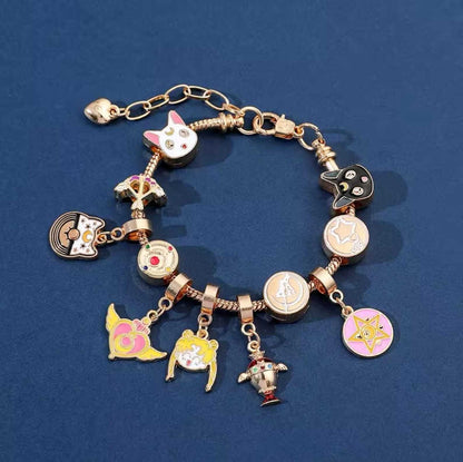 Close-up of Sailor Moon-inspired bracelet with delicate charms